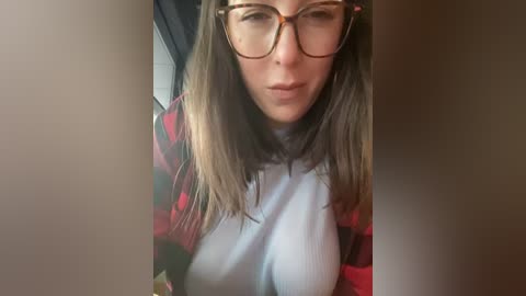 Media: Video of a fair-skinned woman with long, straight brown hair, wearing large glasses and a red and black flannel shirt over a white turtleneck, looking directly at the camera.