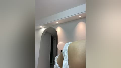 Media: A video of a modern, minimalist hallway with a soft beige wall and an archway leading to a room. The ceiling features recessed lighting, and the floor is covered in white tile. The hallway is clean and serene, with a subtle, warm ambiance.