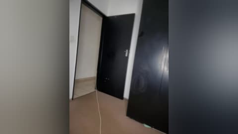 Video of a narrow, dimly lit hallway with beige walls, a dark wooden door on the right, and a white door on the left, leading to a bright room. The floor is carpeted in a muted brown shade.