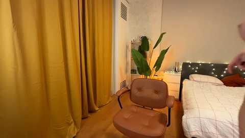 Media: A video of a cozy bedroom with mustard-yellow curtains, a pink armchair, a white bed, a green potted plant, and a glowing lamp.