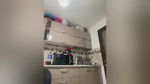 Media: A video of a small, cluttered kitchen with beige cabinets, a microwave, and assorted kitchen items. The ceiling light is on, and there's a black chair in the foreground.