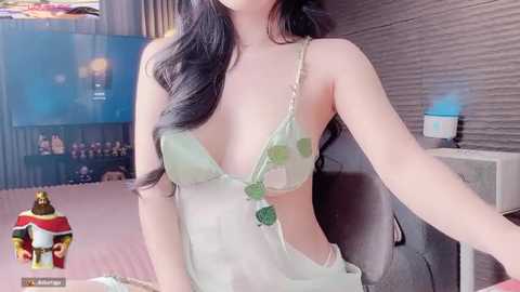 Media: Video of an East Asian woman with long black hair, wearing a sheer, light green lingerie dress with green floral appliqu\u00e9s, posing in a modern, dimly-lit bedroom with grey walls, a TV, and gaming equipment.