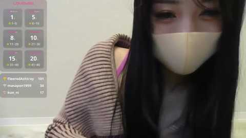 Media: A video shows an Asian woman with long black hair, wearing a beige mask, pink and white striped sweater, and sitting on a beige couch. A digital temperature gauge displays 37.1\u00b0C in the background.