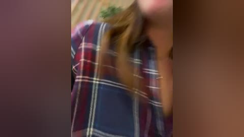 Media: Video of a young woman with long, light brown hair, wearing a blue and red plaid shirt, partially blurred. Background shows a gradient of muted colors.