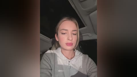 Media: Video of a young Caucasian woman with fair skin, straight blonde hair, and closed eyes, wearing a grey hoodie, seated in a car at night.