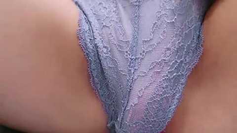 Media: Video of a close-up view of a person's upper thigh and crotch area, wearing sheer, lavender lace panties with floral patterns. The skin tone is light and smooth.