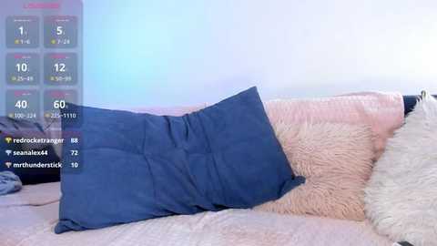 Media: A video showing a bed with a plush pink blanket and two pillows, one blue, one white. A digital overlay displays temperature and humidity readings.