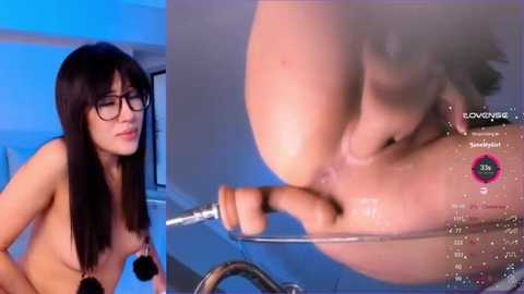 Media: A video featuring a nude woman with long black hair and glasses, using a sex toy, set in a modern bathroom with blue lighting.