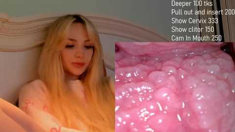 A video of a blonde woman in a white top, sitting on a bed with a close-up of her mouth showing pink tongue and saliva, with text describing a deep throat challenge.