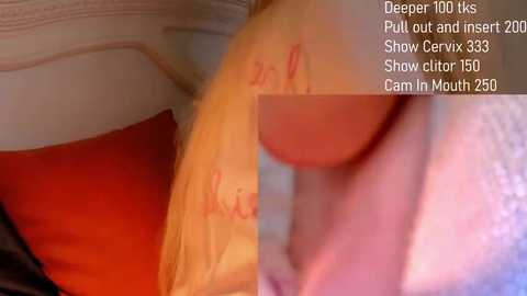 Video of a close-up of a woman's face, showing her lips and teeth. Text overlay with \"Deep Throat 100 Ks\" and \"Pull out and insert\" instructions.