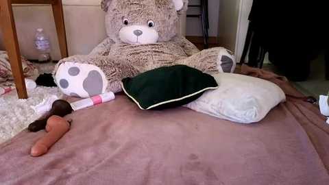 Media: Video of a cozy bedroom with a large, soft teddy bear on a pink blanket. A doll and a green pillow are nearby. The room has a wooden chair and a water bottle on the floor.