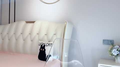 Media: Video of a minimalist bedroom with a white tufted headboard, black cat pillow, and a clear glass railing. Soft pastel pink bedding and a vase of white flowers on the nightstand.