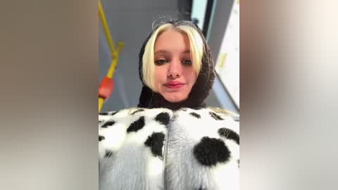 Media: A video of a young woman with short, blonde hair and a black hood, wearing a cow-print coat, standing inside a subway car with blurred yellow poles and a white wall in the background.