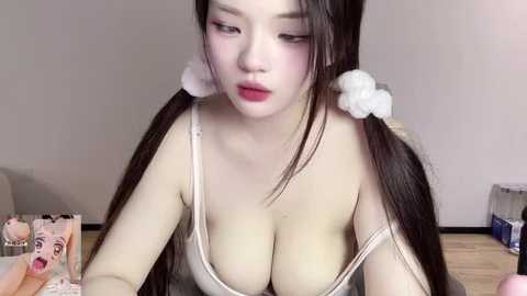 Media: A video of an East Asian woman with fair skin, wearing white lingerie, long black hair in pigtails with white scrunchies, leaning over a table.