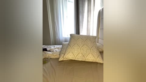 Media: Video of a cozy bedroom with a beige bedspread, a patterned pillow, and sheer curtains allowing soft natural light to filter through, creating a serene atmosphere.