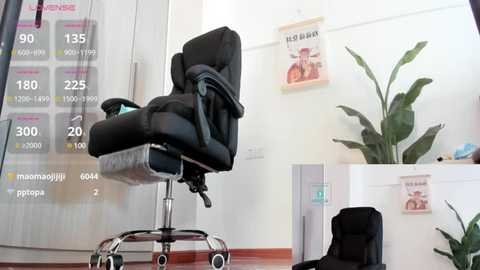 Media: Video of a modern office with a black ergonomic chair, a green plant, and a poster featuring a man on a bike on a white wall.