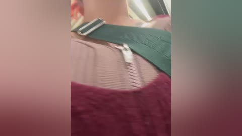 Media: A close-up video of a person's torso wearing a green seatbelt over a pink blouse with pleated details, partially visible. The background is blurred, with soft pink and green hues.