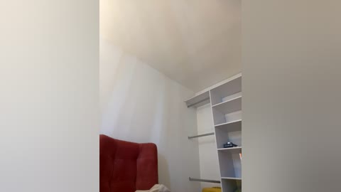 Media: A video of a minimalist, sparsely furnished room with a red upholstered chair, a white bookshelf, and a blank, off-white wall. The lighting is soft, creating a calm and uncluttered atmosphere.