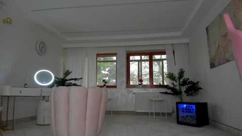 Media: Video of a minimalist, modern room with white walls, large windows, a pink chair, a round mirror, and a small table with a vase of flowers.