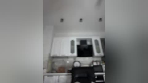 Media: A blurred video of a modern kitchen with white cabinets, black appliances, and a stainless steel sink. The background is slightly out of focus, making it difficult to discern details.