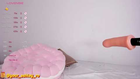 Media: A video depicts a pink, cushioned chair with a dildo-like object in the background, set against a white wall. The image has a playful, erotic atmosphere.