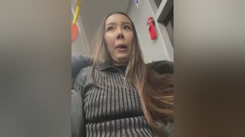 Media: Video of a young woman with long brown hair in a black, striped sweater, seated on a train, looking surprised. Background shows train interior with hanging orange and red bags.