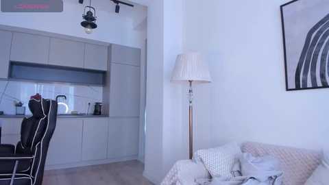 Media: A modern, minimalist kitchen with white cabinets, a black countertop, and a black chair. Adjacent, a white sofa with light-colored pillows and a tall floor lamp.