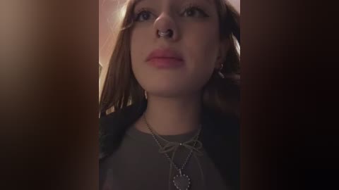 Media: Video of a young woman with fair skin, brown hair, and a septum piercing, wearing a gray top and layered silver necklaces, against a dimly lit background.