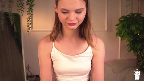 Media: Video of a fair-skinned teenage girl with straight brown hair, wearing a white spaghetti-strap tank top, looking down with a slight smile in a warmly lit room with greenery and a potted plant.