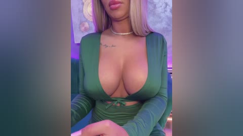 Media: Video of a light-skinned woman with long, straight blonde hair, wearing a low-cut, green, long-sleeve dress that reveals ample cleavage, with a pearl necklace and a tattoo on her chest. Background features a floral-patterned wall and purple lighting.