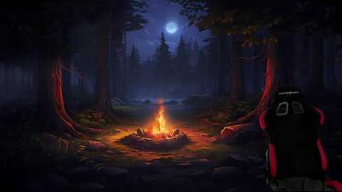 Media: Video of a serene forest campsite at night, featuring a glowing campfire, shadowy trees, and a full moon. A person with a black backpack and red jacket stands on the right.