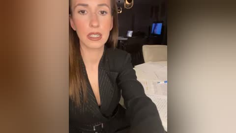 Media: A video of a woman with light skin, long brown hair, and brown eyes, wearing a black suit, sitting at a table with papers and a computer screen in the background.