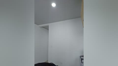 Media: Video of a minimalist, white-walled room with a single bright light bulb in the ceiling, revealing a black object, possibly a speaker or piece of furniture, partially visible in the lower right corner.