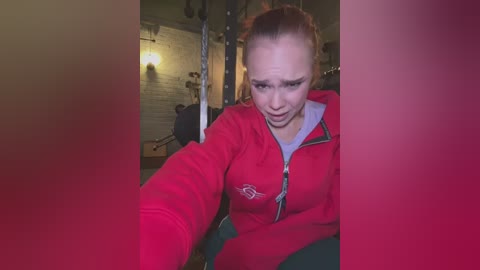 Media: Video of a Caucasian woman with light skin and brown hair tied back, wearing a red zip-up jacket, in a dimly lit gym with green walls, equipment, and a light bulb.