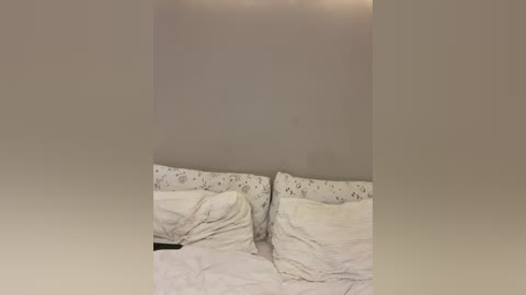 Media: A video of a simple bedroom with a beige wall, two white beds with wrinkled sheets, and a soft light source above, creating a serene, minimalist atmosphere.