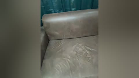 Media: A video of a beige leather couch with visible creases and folds, set against a teal curtain background. The couch's texture appears worn, with a slightly shiny surface.