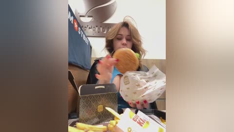 Media: Video of a woman with wavy blonde hair eating a hamburger on an airplane tray table, surrounded by snacks and a drink, with a plane's interior visible in the background.