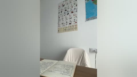 Media: A video of a small, sparsely decorated room with white walls. A beige chair and wooden table with open books are visible. A colorful alphabet chart and a blue painting hang on the wall. The room feels minimalist and educational.