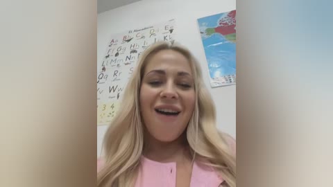 Media: Video of a smiling, blonde woman with long hair in a pink top, standing in a classroom with a whiteboard and a world map on the wall.