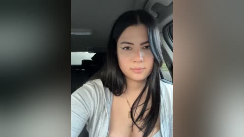 Media: Video of a young woman with long black hair, fair skin, and a confident expression, wearing a light grey open cardigan, sitting in a car, with blurred background.