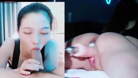 Media: A video featuring a close-up of an Asian woman performing oral sex on a man's erect penis in a dimly lit room.