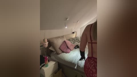 Media: Video of a dimly-lit attic bedroom with a bed, pink pillows, a white nightstand, and a person wearing black socks.