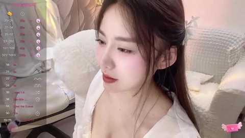 Media: Video of an East Asian woman with fair skin and long black hair, wearing a white blouse, seated on a white chair. Background includes a beige wall and a gray blanket.