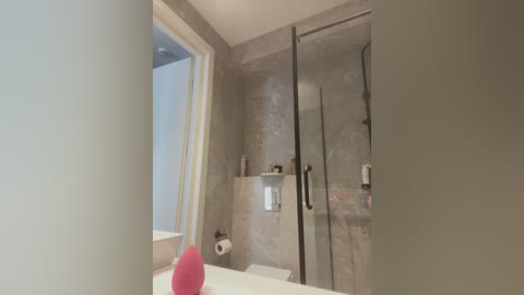 Media: A video of a modern bathroom with a beige-toned, textured shower wall, a glass shower door, and a white sink counter with a pink soap dispenser. The room is well-lit and clean, featuring minimalist design.