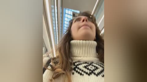 Media: A video of a woman with long brown hair, wearing a cream-colored sweater with a black geometric pattern, standing in a modern, glass-enclosed elevator. The background features vertical metal bars and large glass windows reflecting city lights.