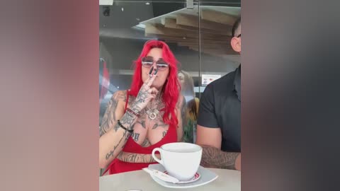 Media: A video of a tattooed woman with long red hair, wearing glasses, holding a finger to her lips, sitting at a cafe table with a white cup.