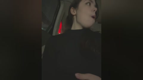 Media: Video of a young woman with pale skin and long brown hair, wearing a black top, seated in a dimly lit car, looking to the right.