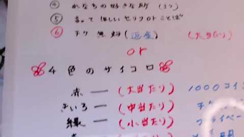 Media: A video of a whiteboard in a classroom, featuring Japanese characters and numbers written in red and black markers, with scribbled notes and checkmarks.