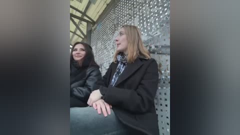 Media: Video of two women seated outdoors, one with long black hair, one with blonde hair, both wearing black coats, looking upward at a perforated metal wall.