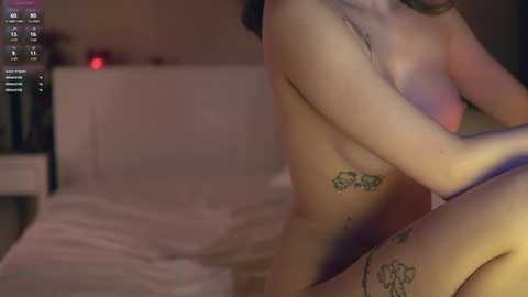 Media: Video of a nude woman with light skin, medium breasts, and tattoos on her hips, sitting on a bed with white sheets in a dimly lit bedroom.